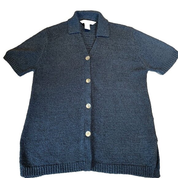 MELROSE STUDIO Silk Blend Short Sleeve Sweater Cardigan Size L Tortoise Buttons - Picture 1 of 9